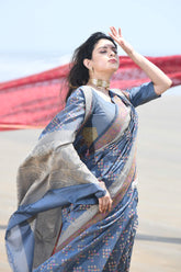 'Afreen' Grey Pure Resham Cotton Alfi Booti Tilfi Border Banarasi Handloom Saree